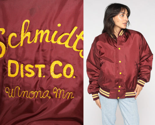 80s Schmidt's Dist Co Winoma Bomber Jacket Burgundy Snap Baseball Coat Medium