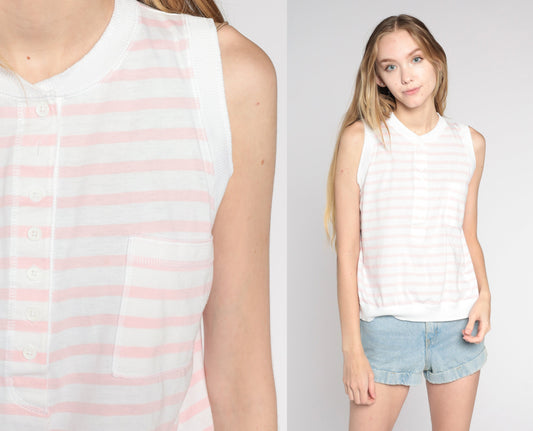 80s Pink White Striped Tank Top Cotton Henley Pocket Small