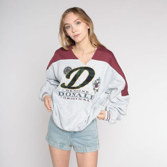90s Donald Duck Disney Graphic Sweatshirt Grey Red Plaid Extra Large XL