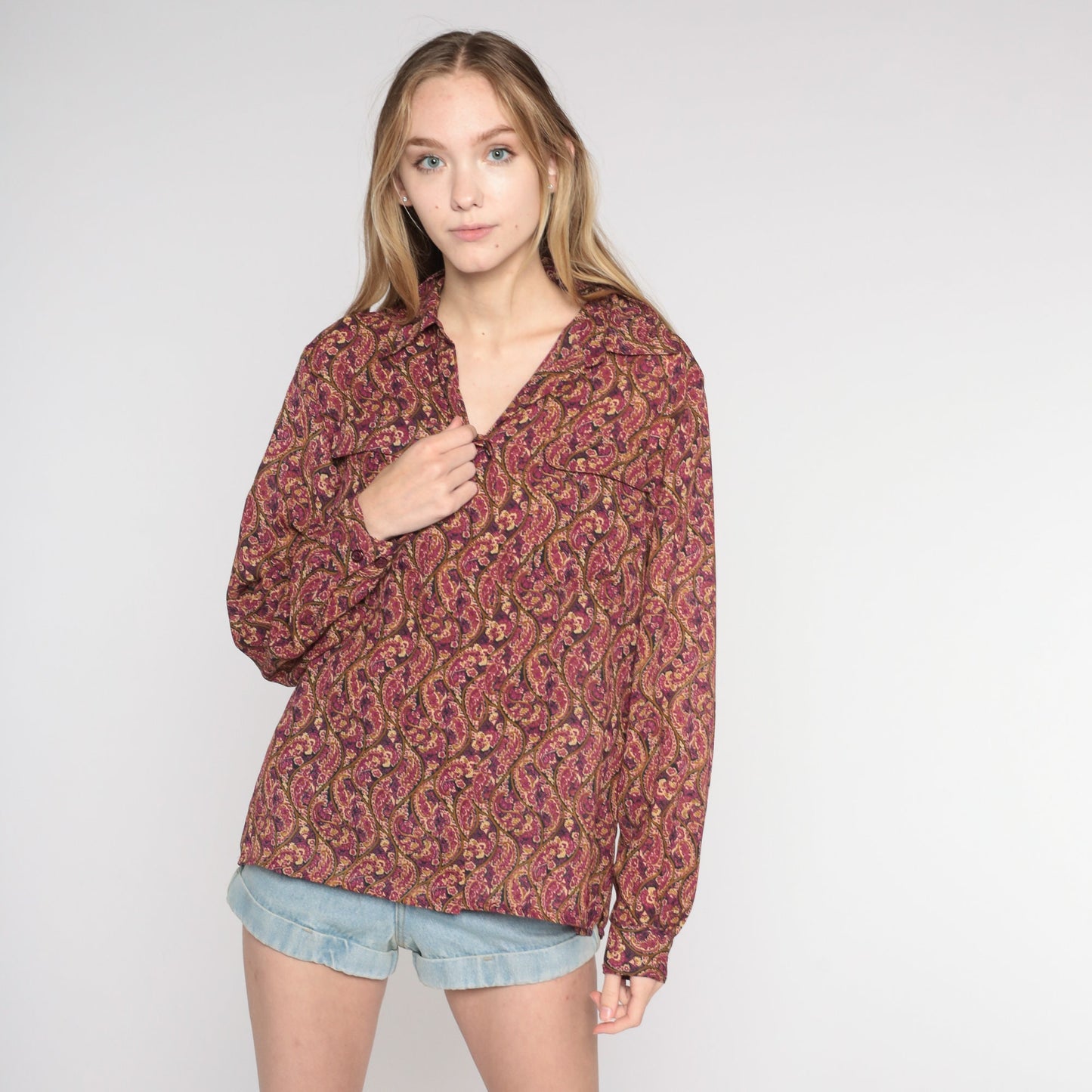 90s Paisley Button-Up Blouse Long Sleeve Purple Pink Tan Medium