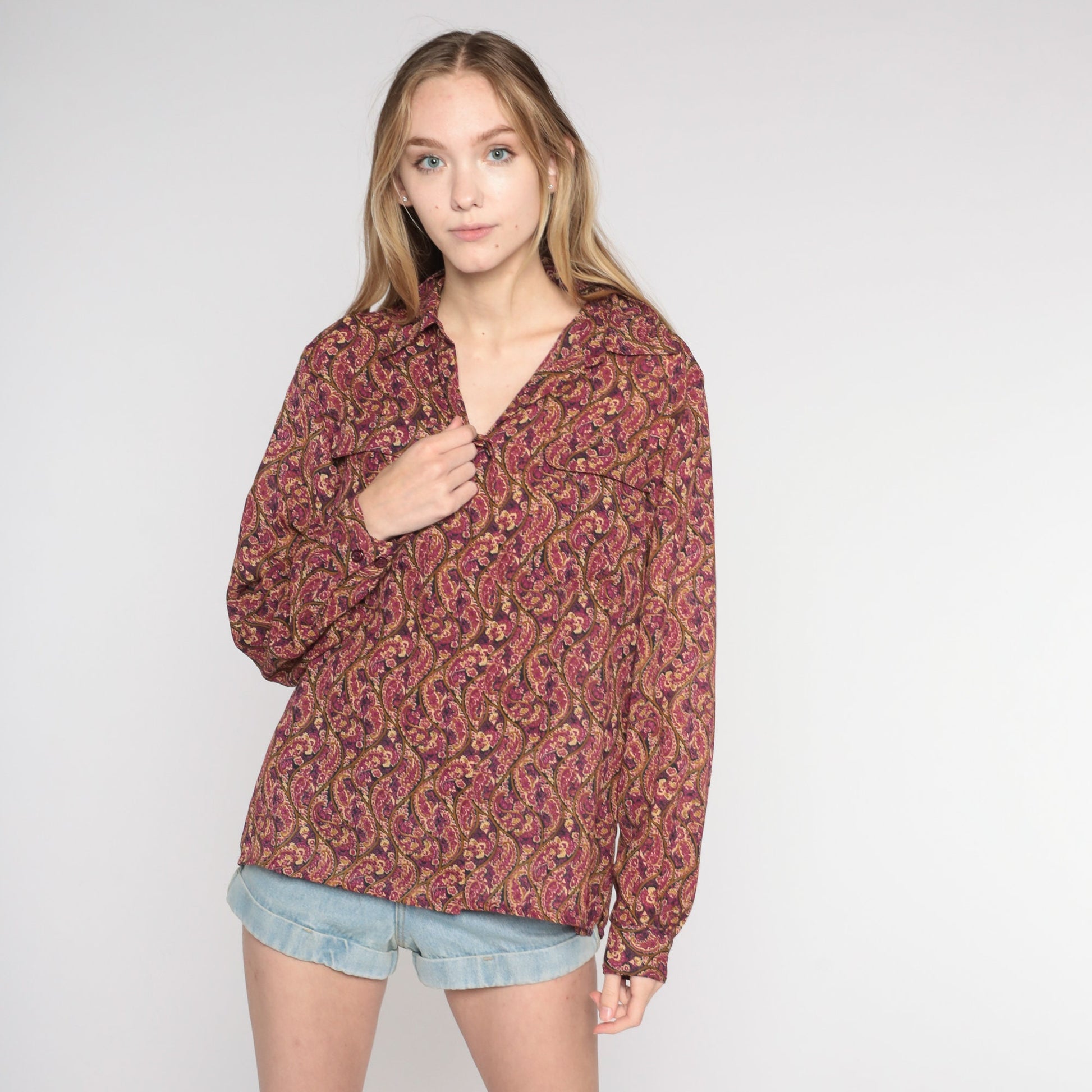 90s Paisley Button-Up Blouse Long Sleeve Purple Pink Tan Medium