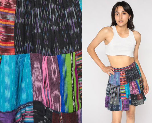Y2K Patchwork Mini Skirt High Waist Tiered Cotton Extra Small