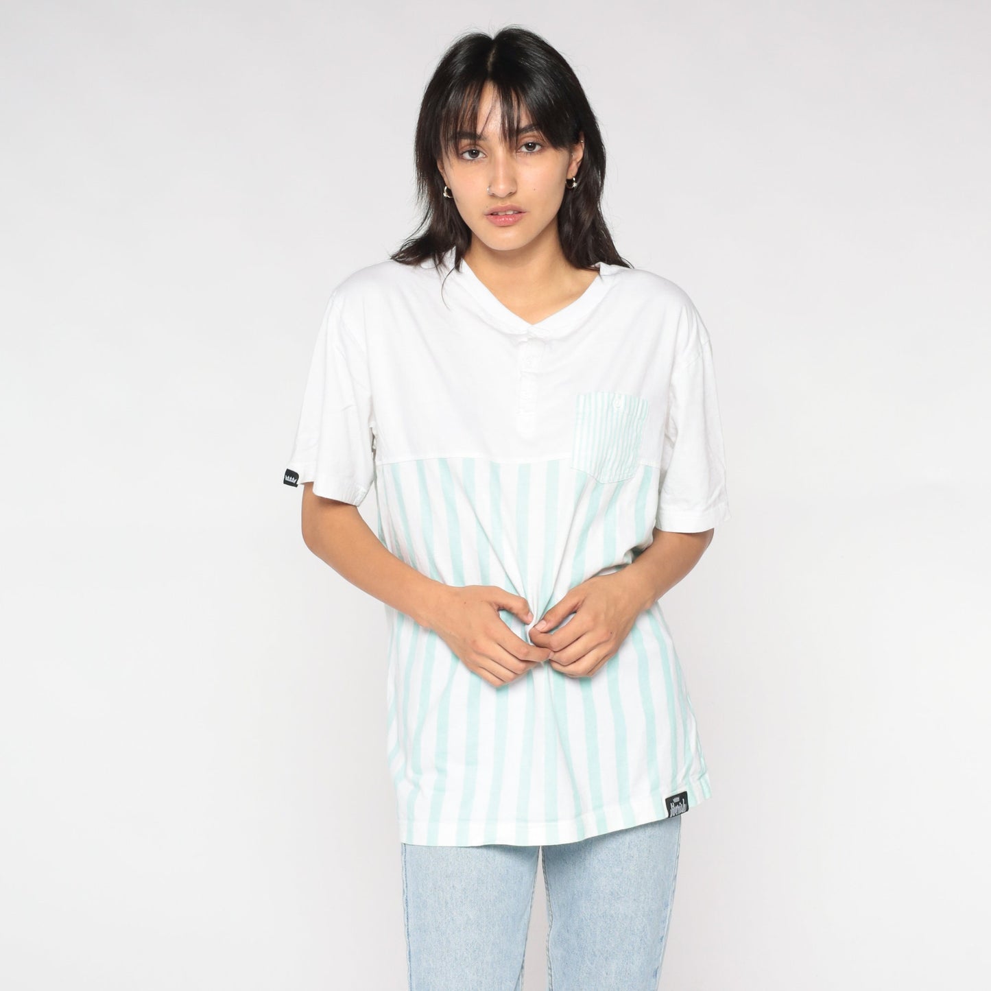 90s Striped Henley Shirt White Mint Green Short Sleeve Button Pocket Tee Large
