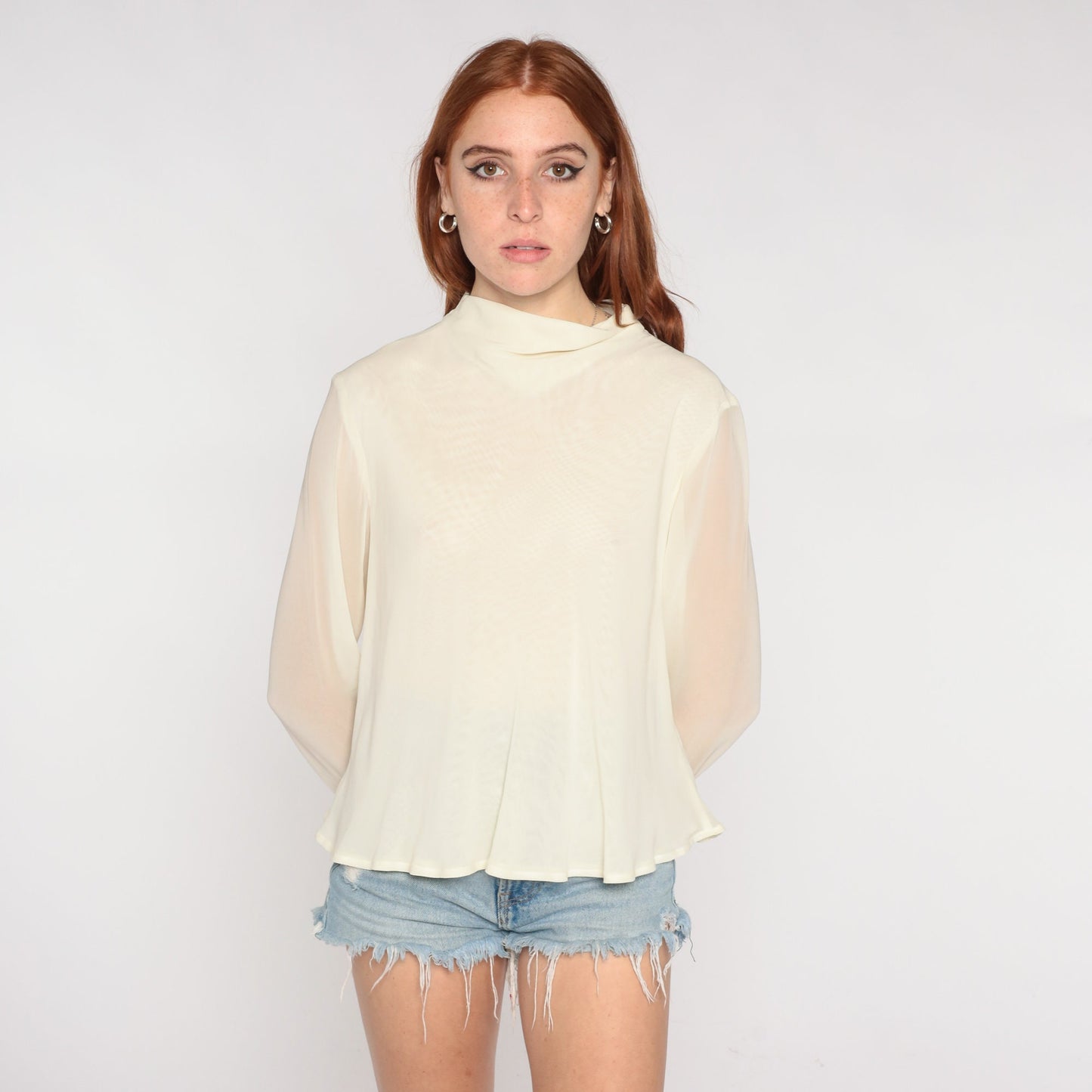 90s Cream Chiffon Mock Neck Blouse Sheer Long Sleeve Party Top Medium