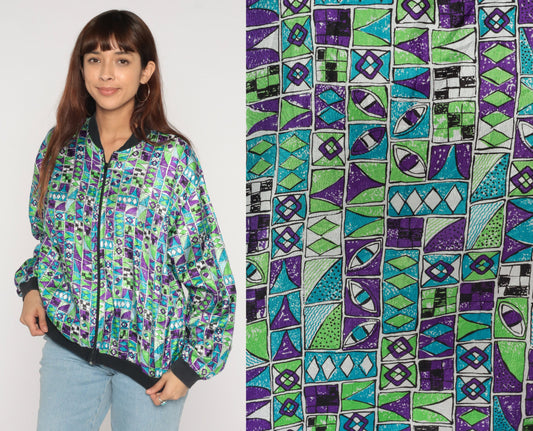 90s Geometric Bomber Jacket Blue Green Purple Zip Windbreaker Men's Medium