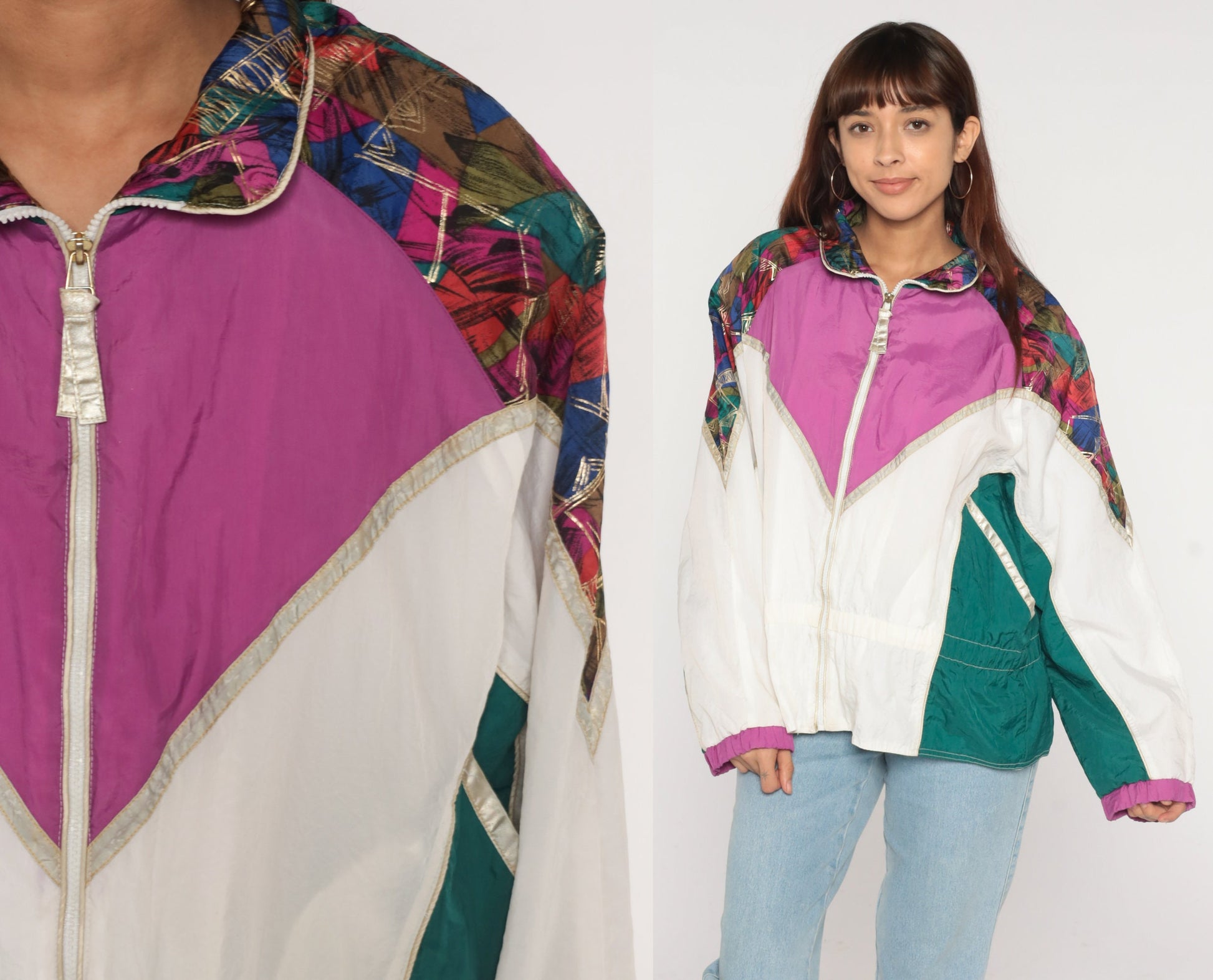90s Color Block Windbreaker Zip Up Jacket Purple White Green Abstract Nylon Large