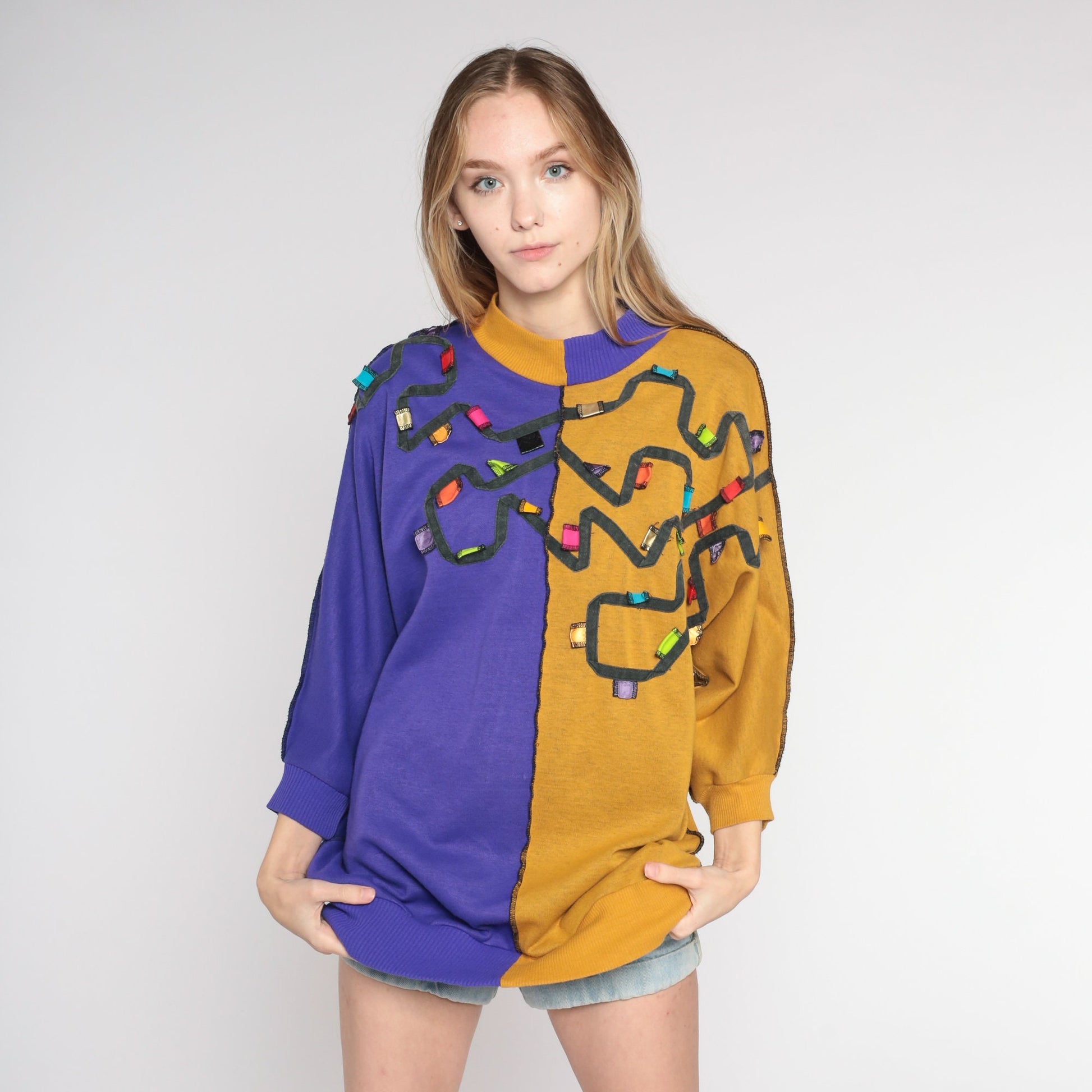 80s Color Block Sweatshirt Purple Mustard Crewneck Pullover Medium M