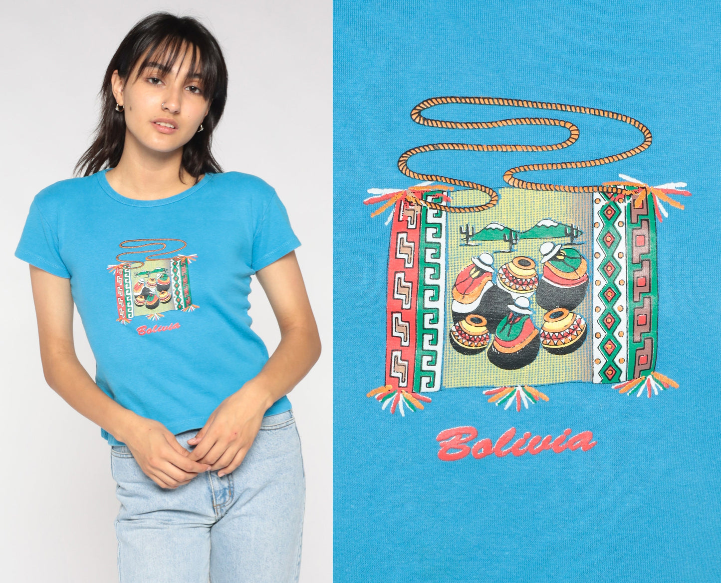 Y2K Bolivia Graphic Baby Tee Blue Bolivian Folk Art Small S