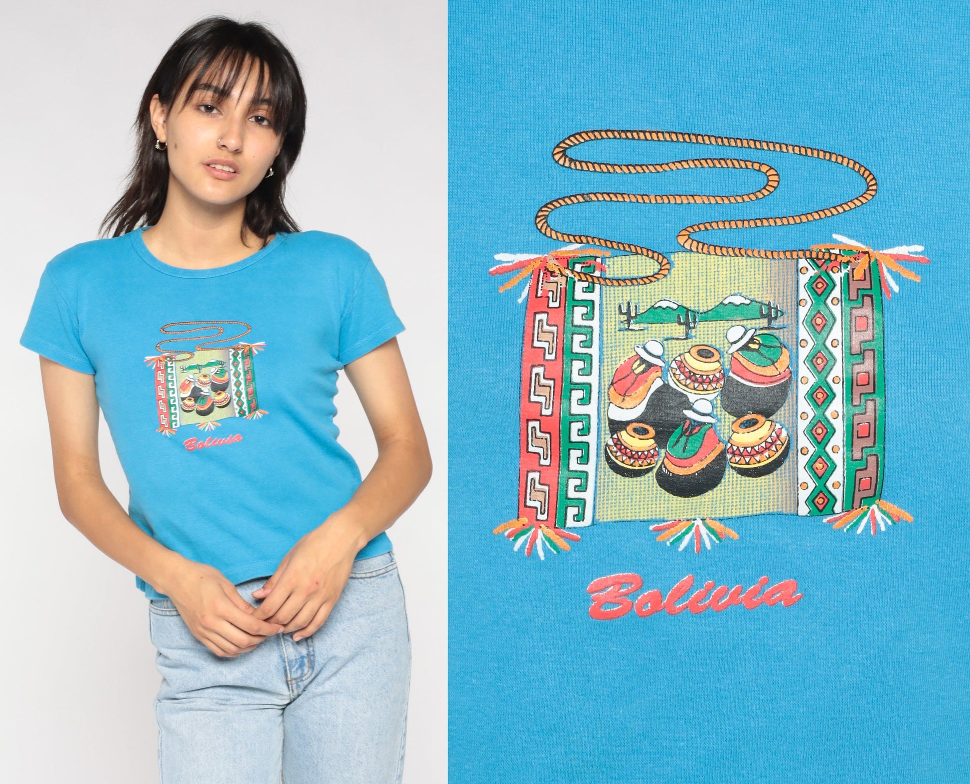 Y2K Bolivia Graphic Baby Tee Blue Bolivian Folk Art Small S