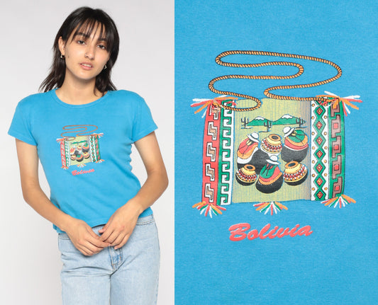 Y2K Bolivia Graphic Baby Tee Blue Bolivian Folk Art Small S
