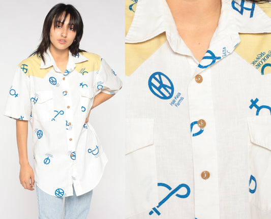 90s Reyn Spooner Cattle Brand Western Shirt White Yellow Yoke Medium