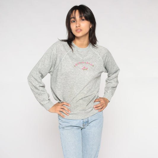 90s Floral Embroidered Sweatshirt Heather Grey Raglan Crewneck Small