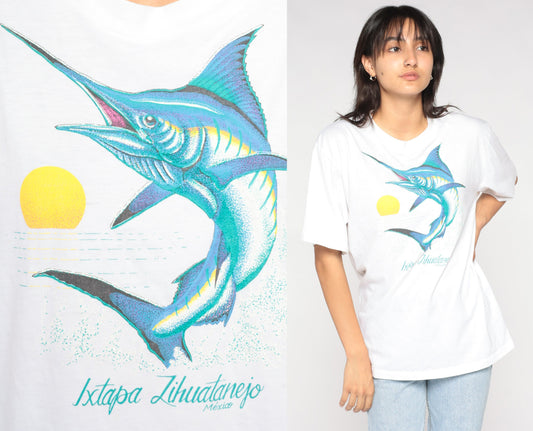 90s Swordfish Graphic T-Shirt Ixtapa Zihuatanejo Mexico White Single Stitch Medium