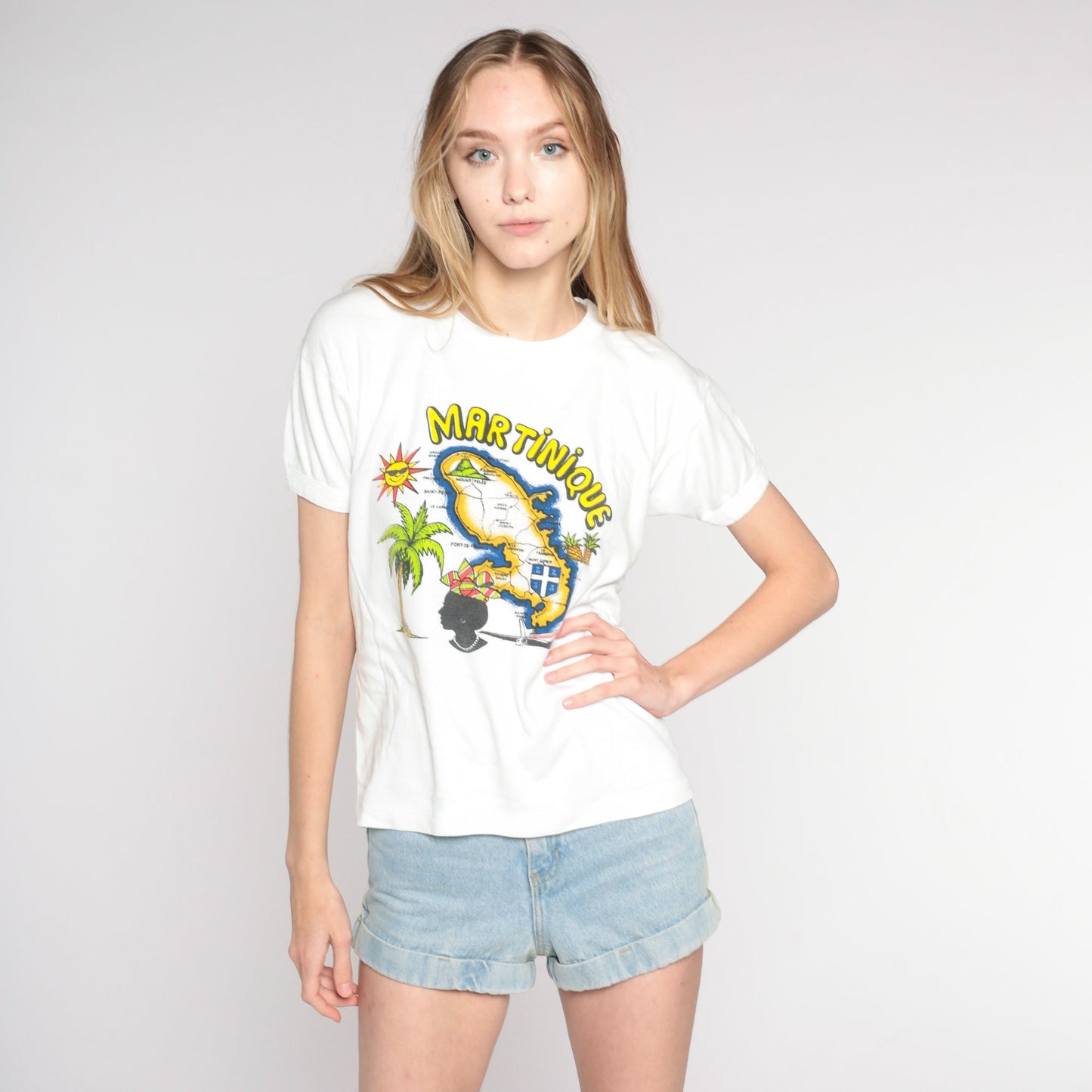 80s Martinique Map Graphic T-Shirt Single Stitch White Small