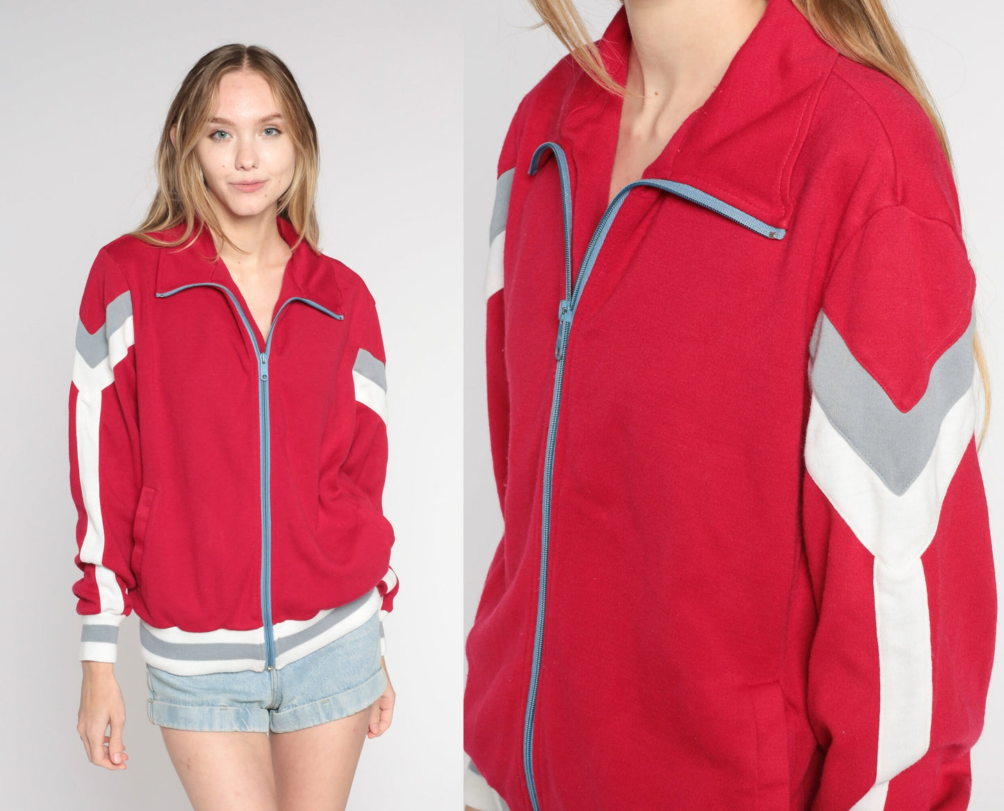 80s Red Striped Track Jacket White Stagg Zip Up Bomber Large L