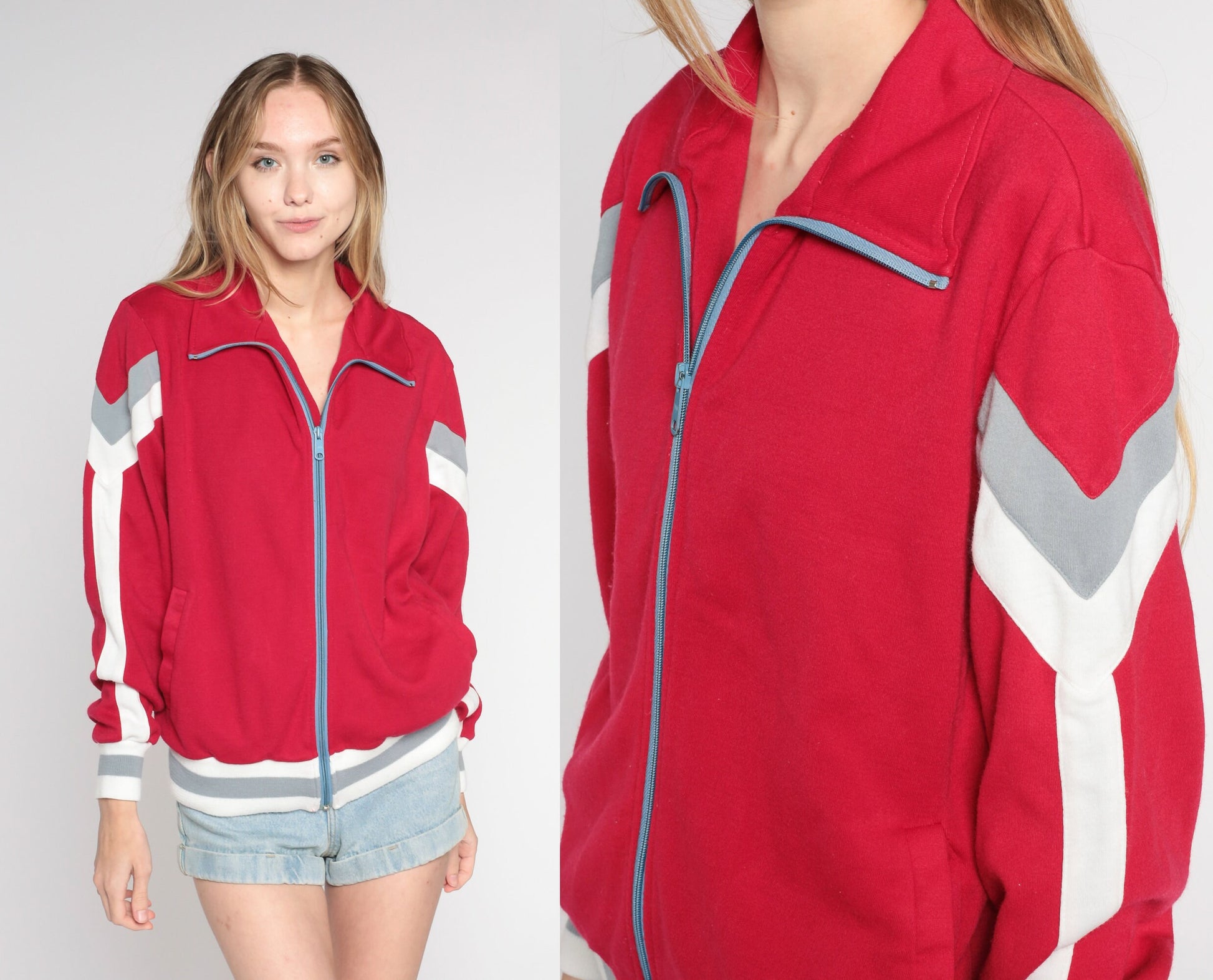 80s Red Striped Track Jacket White Stagg Zip Up Bomber Large L