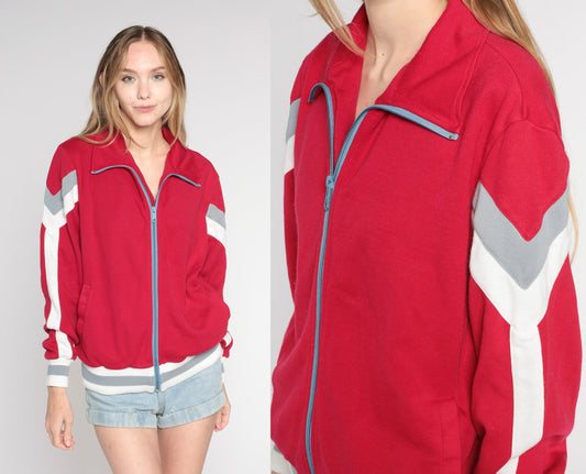 80s Red Striped Track Jacket White Stagg Zip Up Bomber Large L