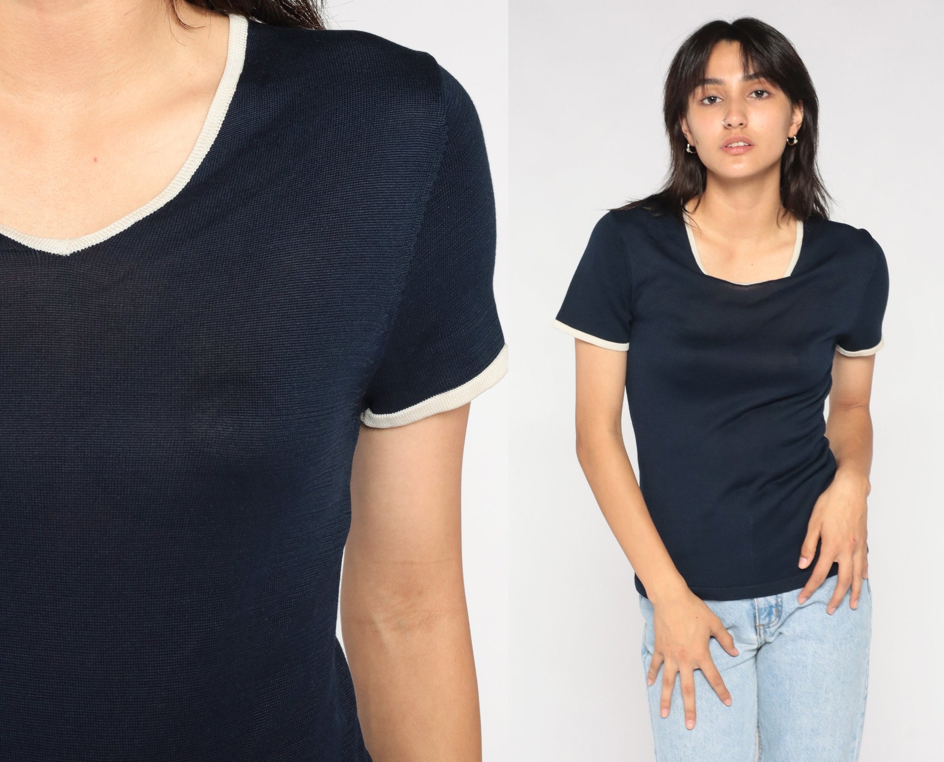 00s Navy Silk Knit Top Short Sleeve White Trim Small S