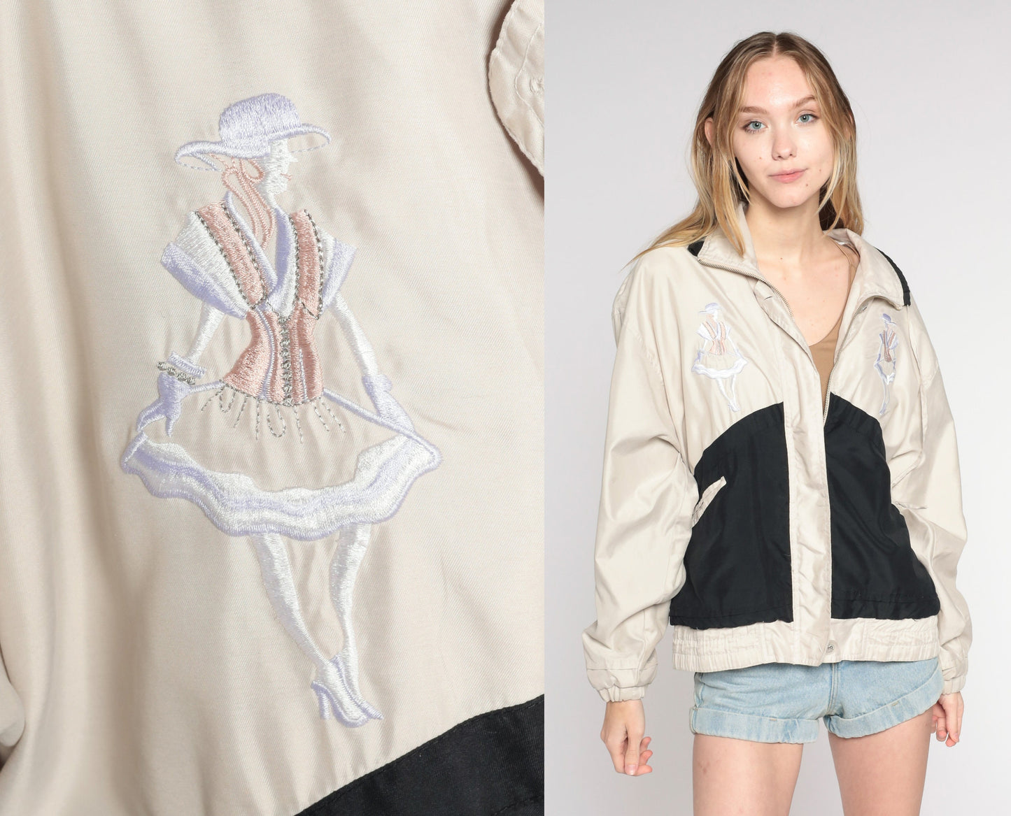 00s Windbreaker Beige Black Color Block Embroidered Ladies Zip Jacket Large L