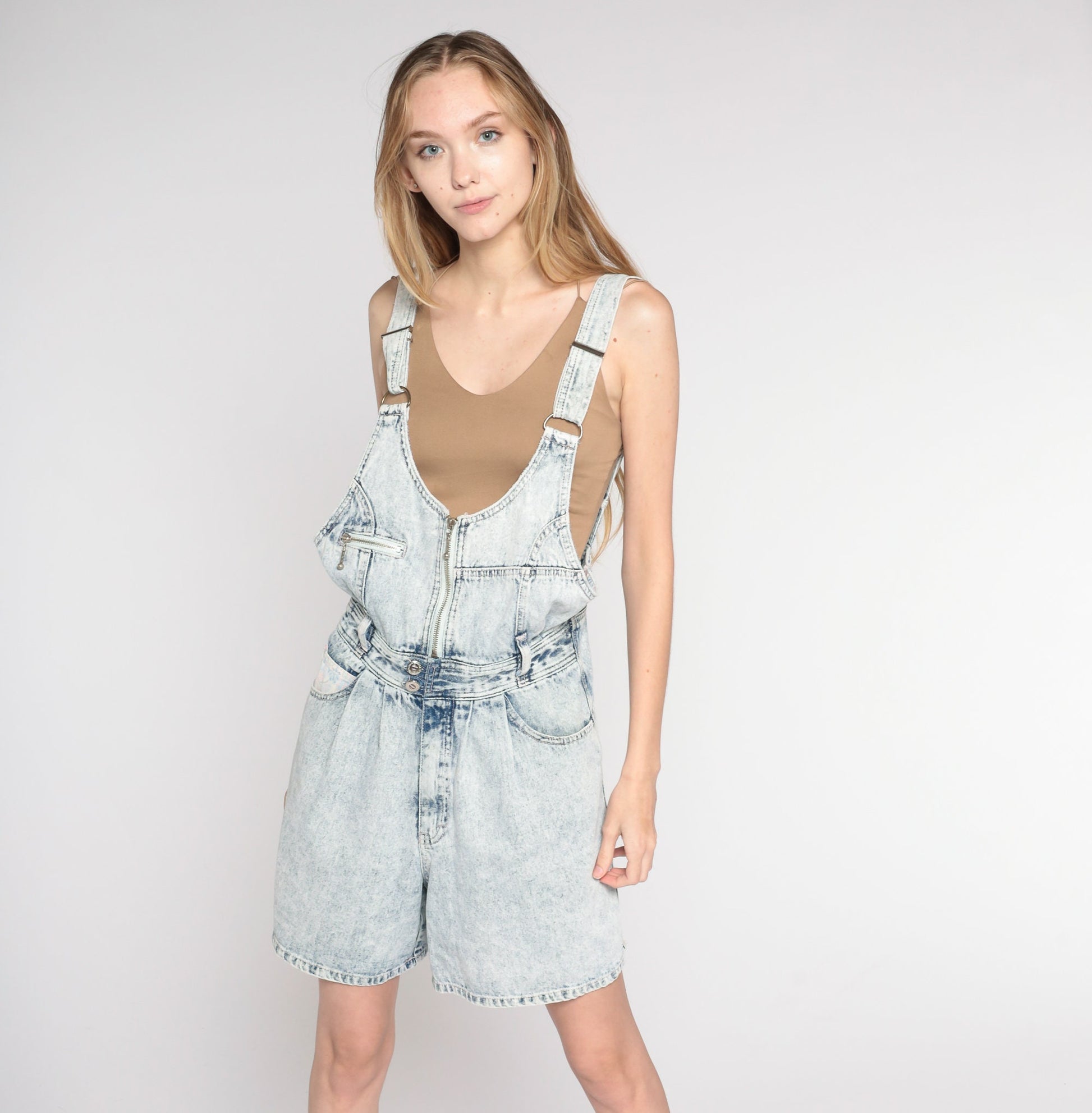 90s Acid Wash Denim Shortalls Light Blue Suspender Zip Chest Small S
