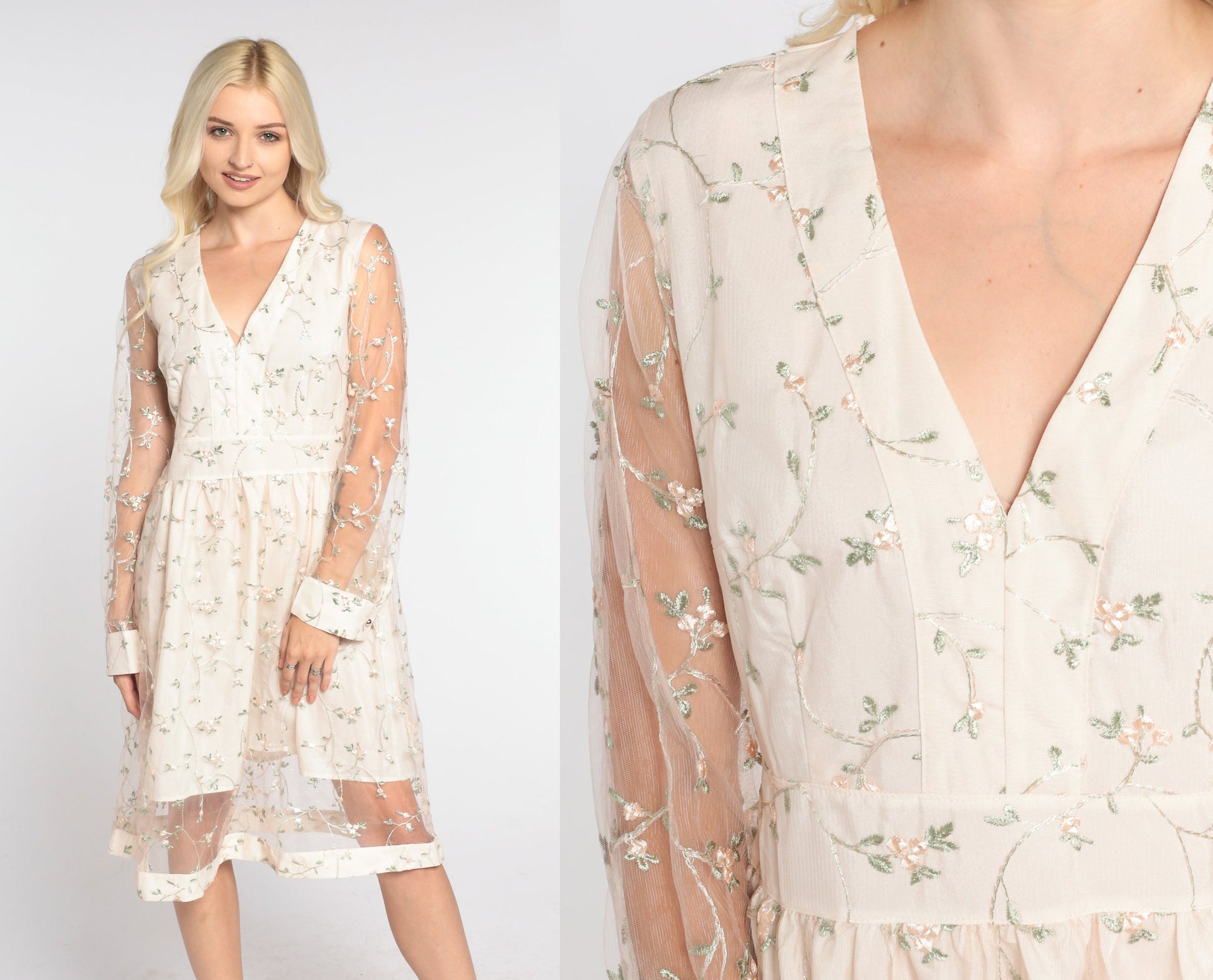Y2K Floral Embroidered Mini Dress Cream Long Sheer Sleeve V Neck Medium