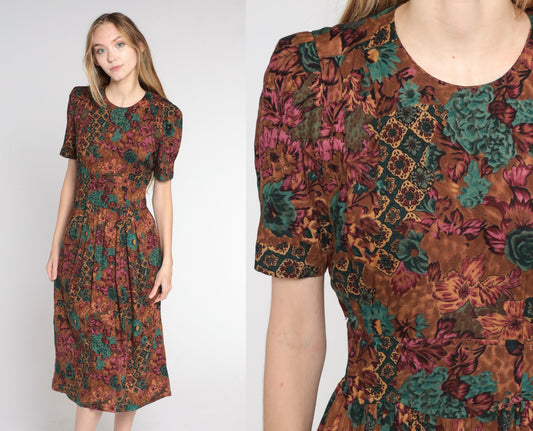 90s Brown Floral Midi Dress High Waist Puff Sleeve Pleated Rayon Small