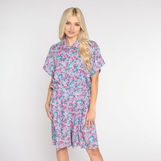 90s Floral Romper Purple Pink High-Waisted Shorts Playsuit Medium