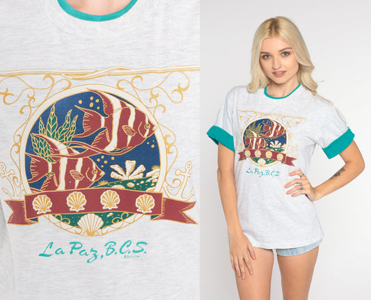 90s La Paz Baja California Tropical Fish Graphic Tee Grey Cuffed Sleeve Small