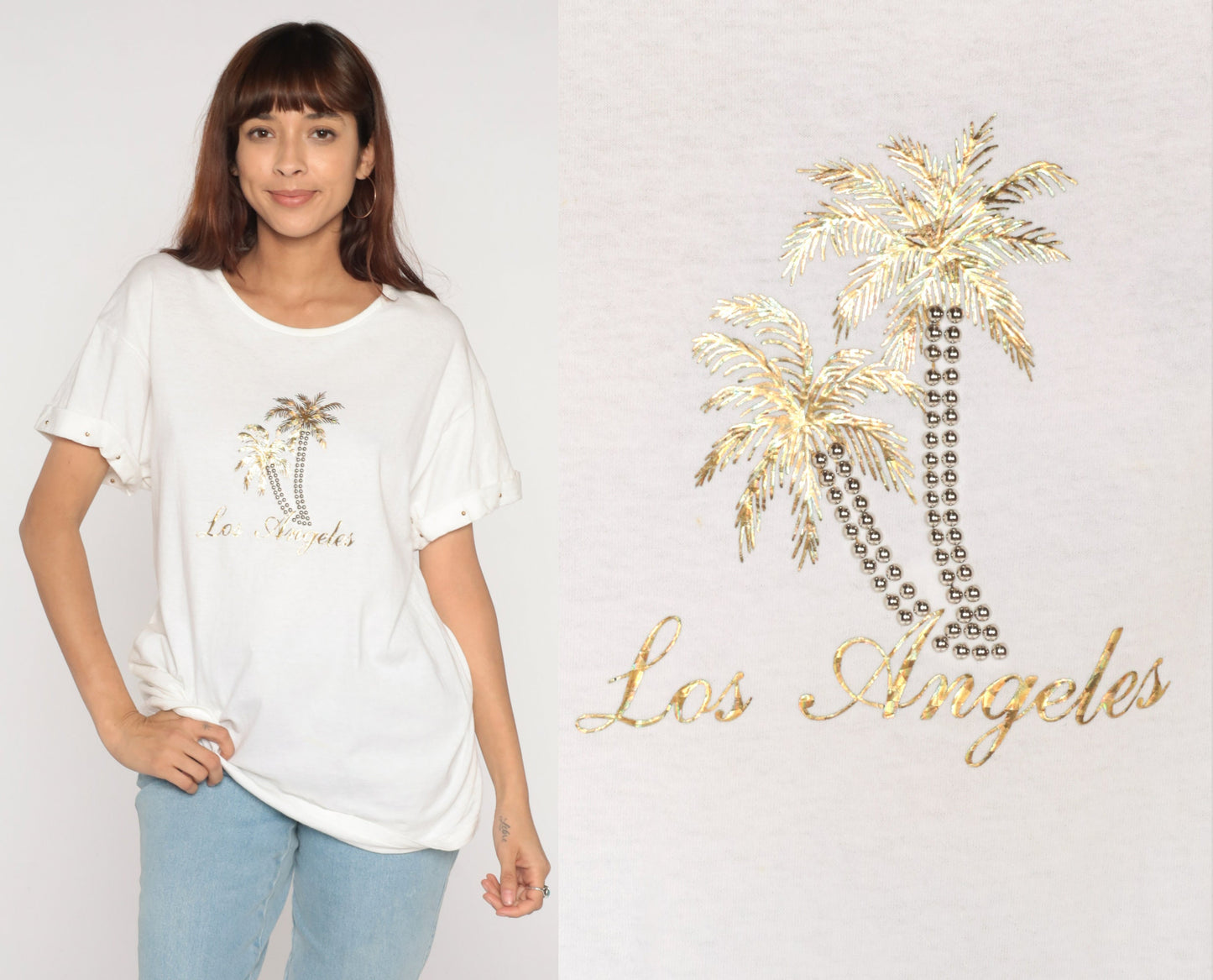Y2K Los Angeles Palm Tree Graphic T-Shirt Gold Studded White Large L