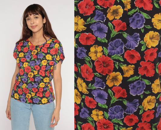 90s Black Floral Print Shirt Short Sleeve Henley Medium M