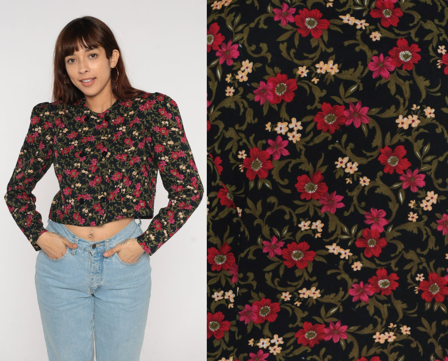 80s Black Floral Puff Sleeve Button-Up Blouse Double Breasted Medium