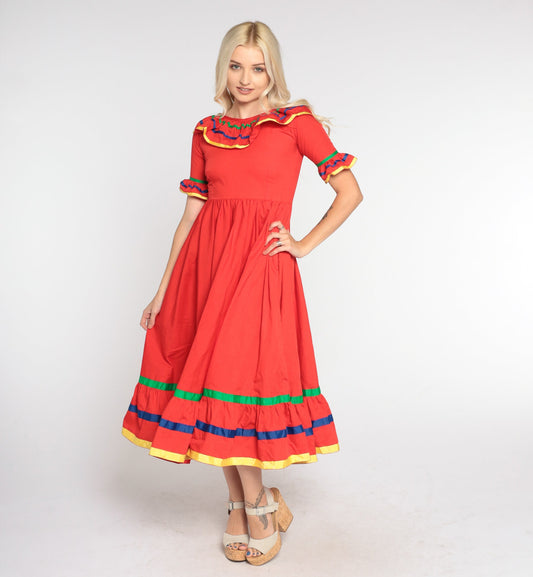 80s Red Prairie Midi Dress High Waisted Tiered Ruffled Short Sleeve Extra Small