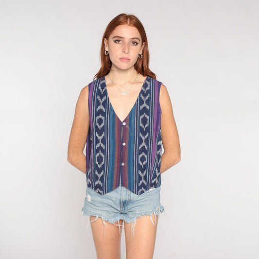 90s Blue Ikat Striped Button-Up Vest Cotton Sleeveless Top Medium