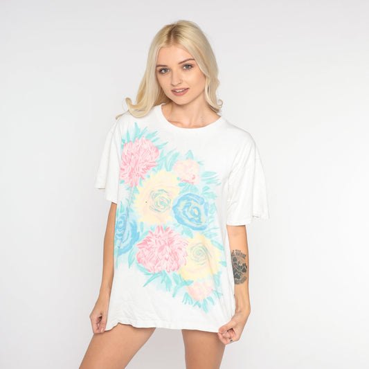 90s Floral Rose Dahlia Graphic T-Shirt White Cotton Single Stitch Extra Large XXL