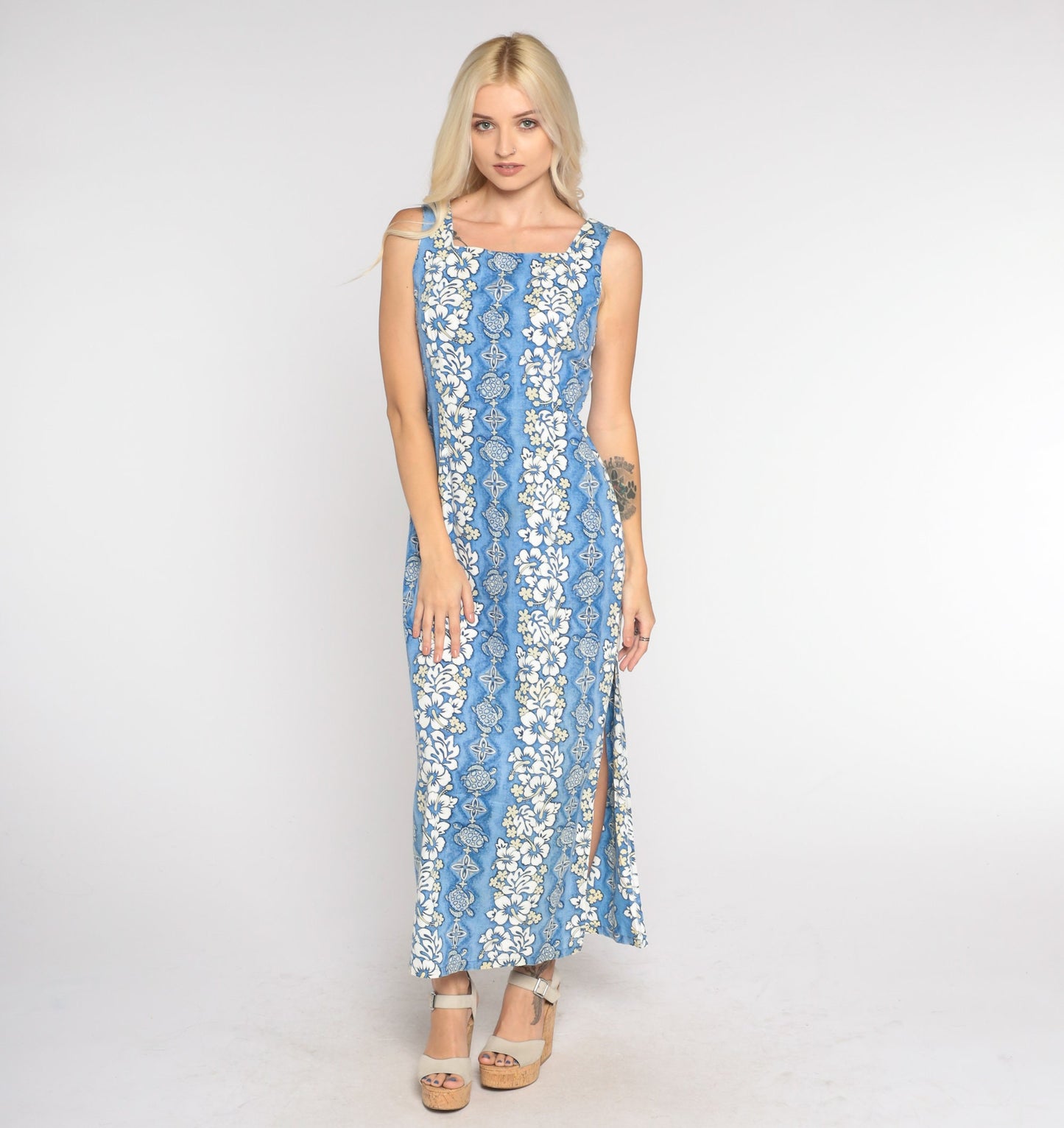 90s Blue Hawaiian Turtle Floral Midi Dress Sleeveless Extra Small XS