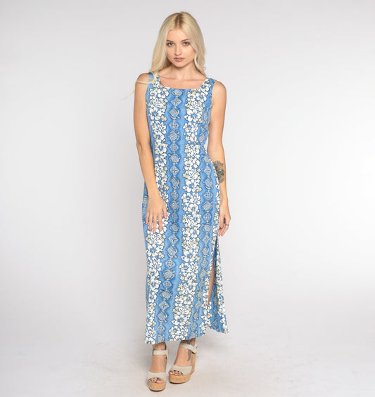 90s Blue Hawaiian Turtle Floral Midi Dress Sleeveless Extra Small XS