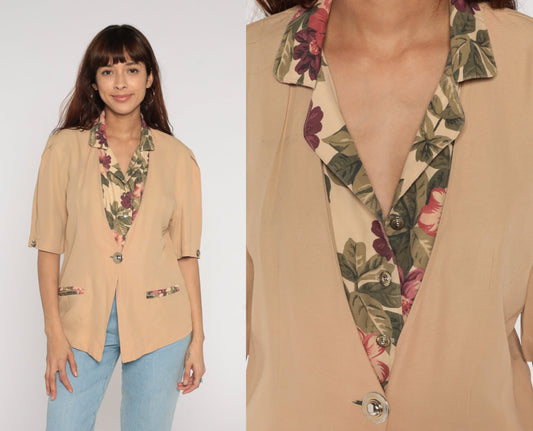 90s Tan Floral Button-Up Blouse Short Sleeve V-Neck Trim Large L