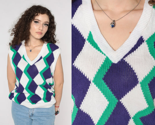 90s Geometric Diamond Sweater Vest White V-Neck Sleeveless Knit Large