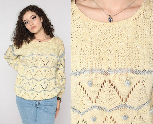 80s Metallic Cream Sweater Silver Sheer Pointelle Knit Cable Medium