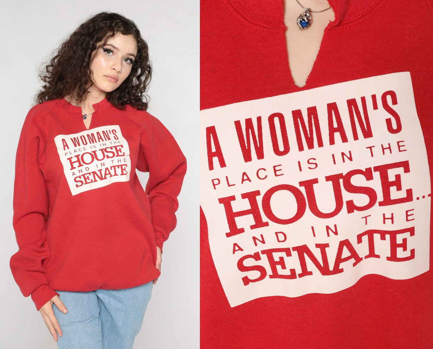 90s A Woman's Place Feminist Political Sweatshirt Josie Heath Red Raglan Extra Large XXL