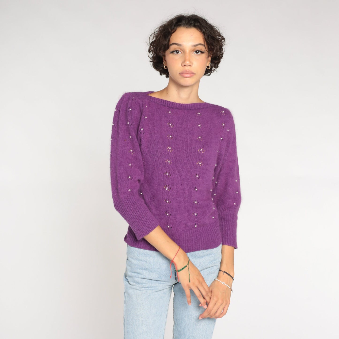 80s Purple Knit Sweater Puff Sleeve Pearl Beaded Cutout Silk Angora Small