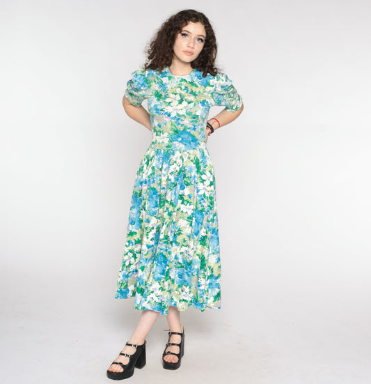 80s Floral Midi Dress Puff Sleeve Blue Green Watercolor Print Small Medium
