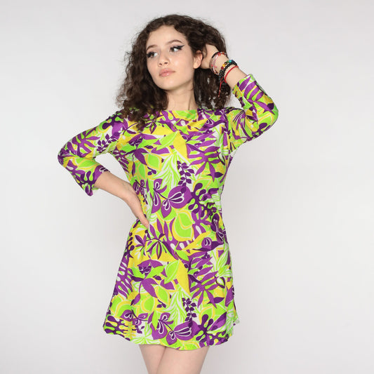 60s Psychedelic Leaf Print Mini Dress Long Sleeve Shift Green Purple Small