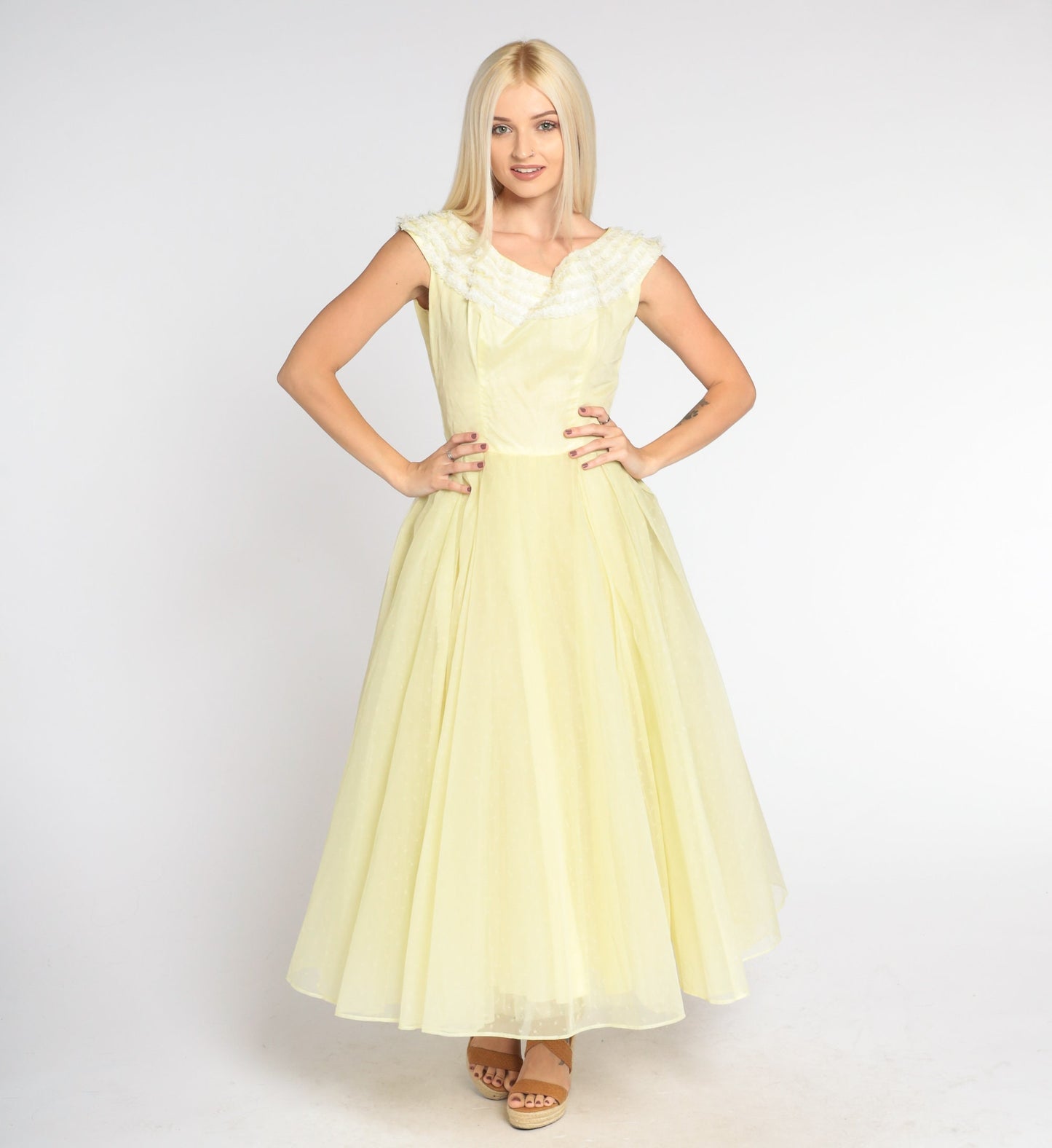 60s Yellow Chiffon Maxi Dress Lace Trim High Waist Full Skirt Extra Small