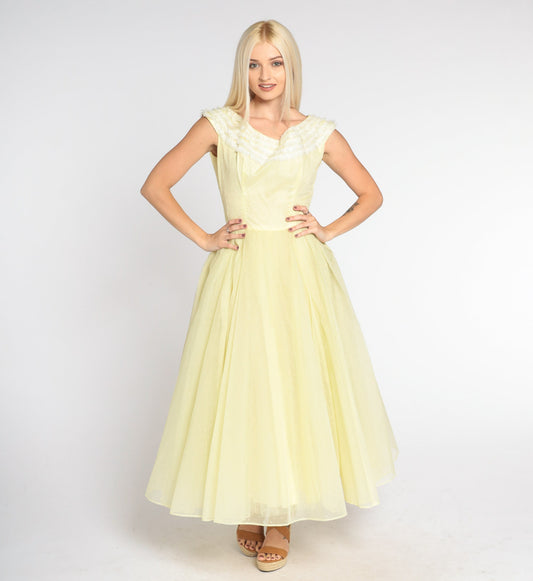 60s Yellow Chiffon Maxi Dress Lace Trim High Waist Full Skirt Extra Small