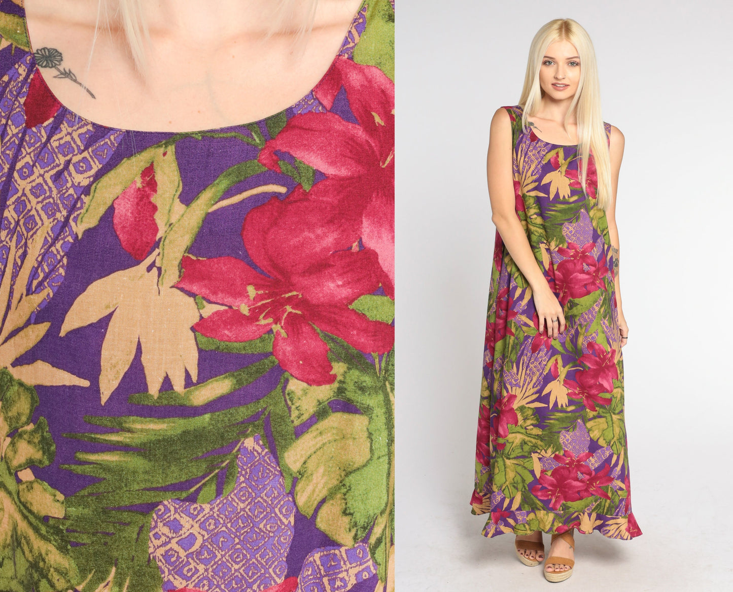 Y2K Purple Tropical Floral Maxi Dress Hibiscus Leaf Print Sleeveless Medium Large