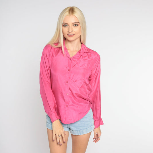 80s Pink Silk Button-Up Blouse Collared Long Sleeve Small