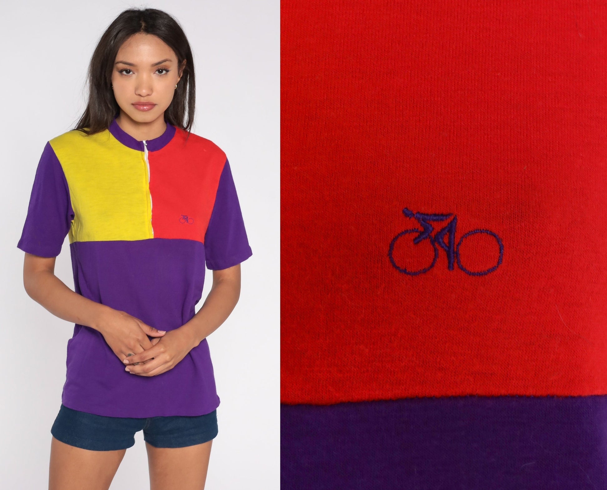 70s Cycle Mates Cycling Jersey Purple Red Yellow Color Block Quarter Zip Medium