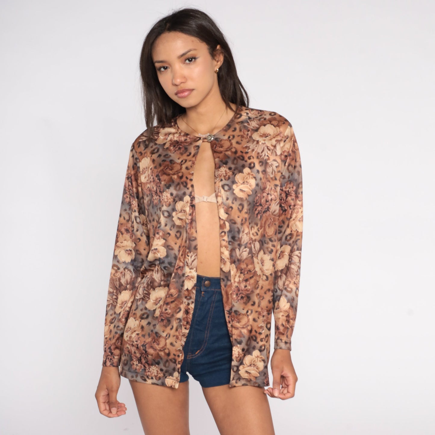 80s Floral Leopard Print Long Sleeve Blouse Animal Print Shirt Large