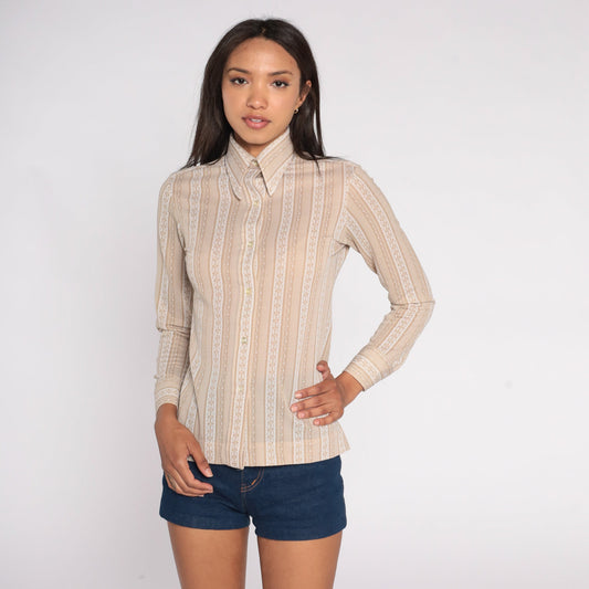 70s Striped Floral Ribbon Print Button-Up Blouse Dagger Collar Tan Small